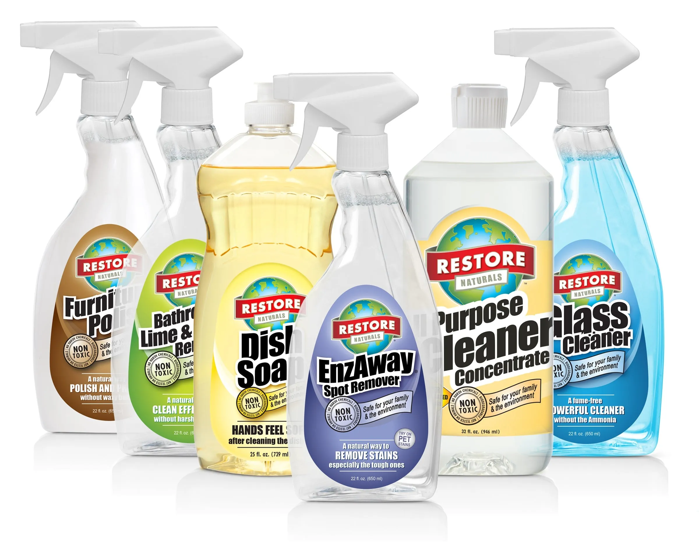 The Restore Naturals product family: spray bottles and soaps with color-coded labels
